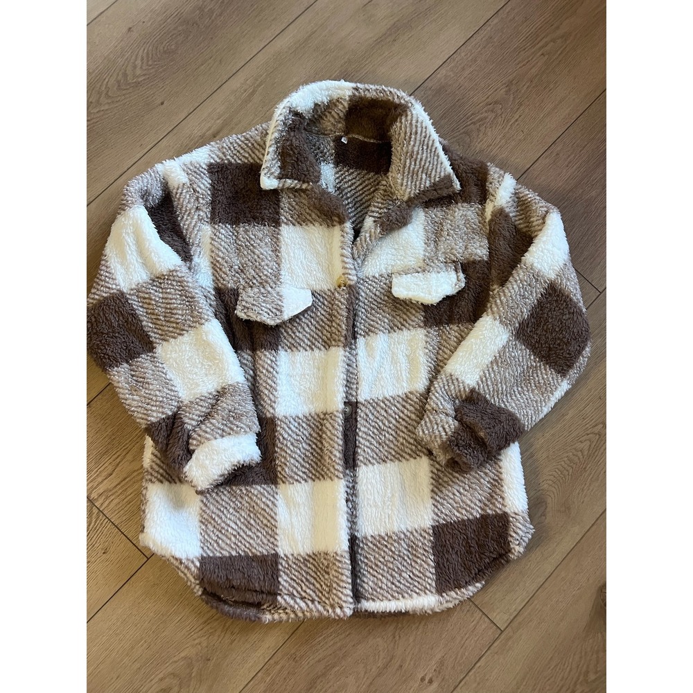 Womens Cozy Plaid‎ Sherpa Shacket Jacket Brown White Button Down Size M